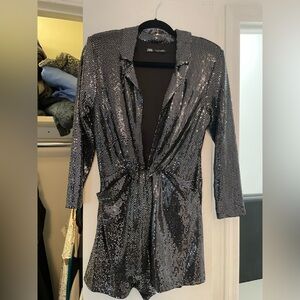 Zara silver sequin romper front tie size small Saturday night outfit